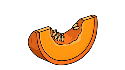 Cartoon Pumpkin Slice Illustration with Seeds Isolated on Black Background