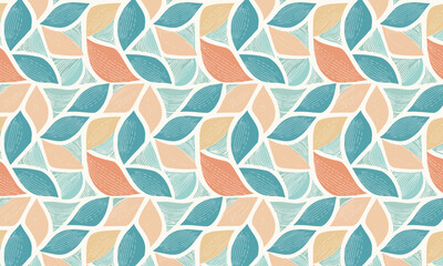 Seamless abstract floral pattern, Geometric pastel blue and peach leaf texture, Modern botanical textile background with mosaic style