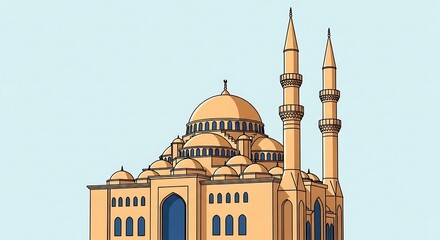 Naklejka premium Detailed illustration of a grand mosque with minarets and domes.