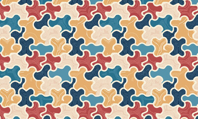 Seamless retro abstract puzzle pattern, Colorful camouflage background with organic blob shapes, Red blue and beige creative textile design