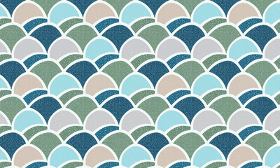 Seamless retro scallop pattern, Blue and teal geometric fish scale background, Abstract mosaic mermaid tail texture design