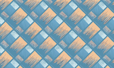 Seamless abstract geometric pattern, Blue and peach painterly brush stroke texture, Modern diagonal square background