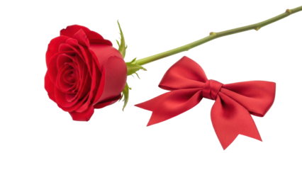 Single Red Rose with Green Stem and Red Satin Ribbon Bow isolated PNG with Transparent Background