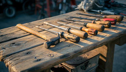 Collection of vintage hand tools including screwdrivers and a hammer resting on a rustic wooden workbench, illuminated by natural sunlight, showcasing craftsmanship and manual labor.