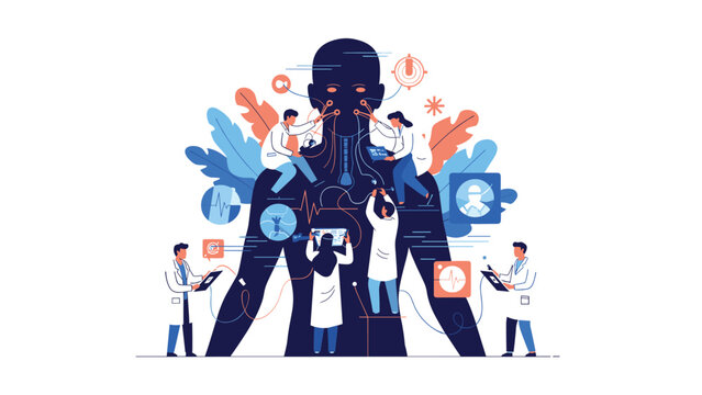 Team of medical specialists works together to analyze and treat various systems within a large human silhouette representing holistic care.