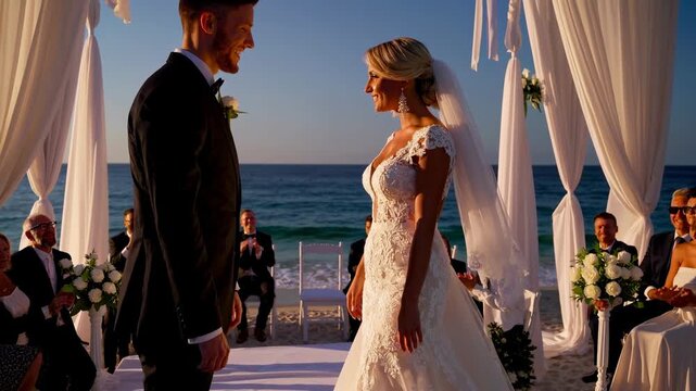 Wedding couple stands at an altar made of fabric overlooking the ocean. Family and friends watch as they share vows during a warm evening setting.
