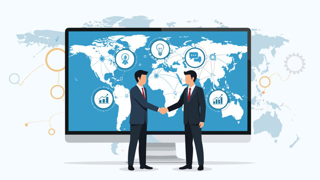 Successful business partnership is celebrated as two professionals shake hands in front of a global map showing international network connections.