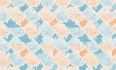 Seamless grunge scallop pattern, Abstract pastel blue and peach fish scale background, Distressed geometric semicircle texture design