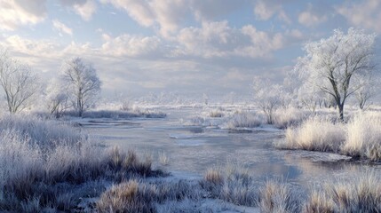 A winter landscape with a frozen marsh,