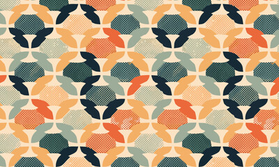 Seamless retro geometric floral pattern, Abstract navy and peach hexagon ornament, Mid century modern textile background with grunge texture
