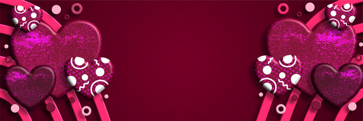 festive valentines day banner with decorative patterned pink hearts on red background