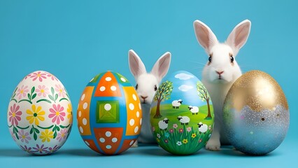Easter celebration with colorful eggs and adorable rabbits