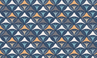 Seamless art deco geometric pattern, Navy blue and gold vintage fan ornament, Elegant retro textile background with triangles