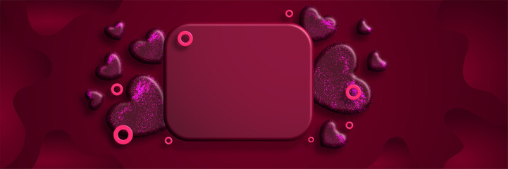 modern dark red valentines day banner with abstract 3d heart shapes design