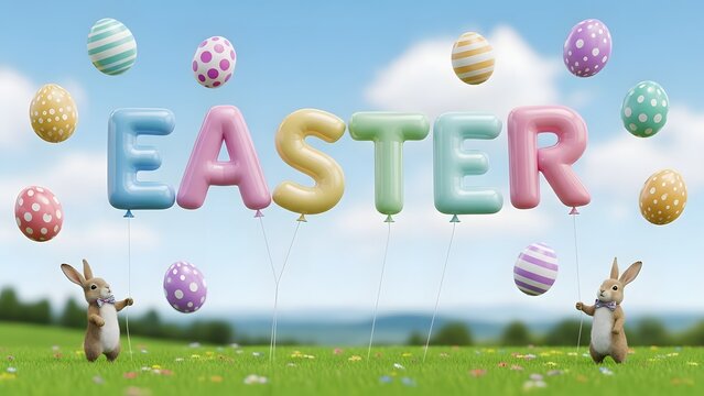 Easter celebration with colorful eggs and bunny friends in a green field