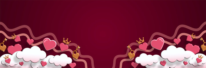 cute valentines day banner with clouds hearts and pink crown design elements