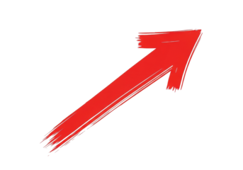 A prominent red hand-drawn arrow with bold, rough brushstroke texture, pointing diagonally upwards against a transparent background with ample copy space, progress and growth concept