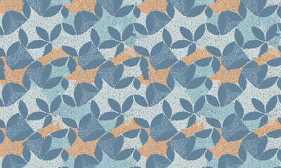 Seamless abstract leaf pattern background, Retro hand drawn botanical foliage with grunge texture, Blue and peach organic textile design