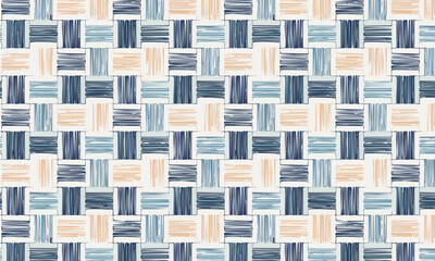 Seamless geometric basketweave pattern, Hand drawn scribble lines and squares texture, Navy blue and pastel sketch style fabric background