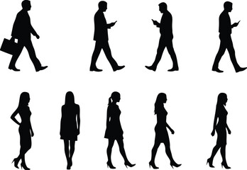 Obraz premium Silhouettes showing person walking holding briefcase and woman walking in heels demonstrating activity and lifestyle on white background
