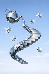 Teapot Pouring Liquid-Metal Ribbon into Staircase