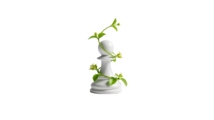 White Ceramic Chess Pawn with Green Vine Plant isolated PNG with Transparent Background
