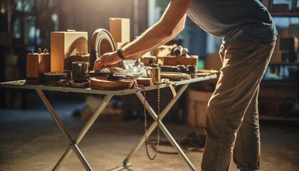Craftsman in a workshop working on intricate wooden and metal objects, showcasing artisanal skill and dedication to detailed craftsmanship in a dimly lit, focused environment.