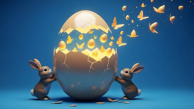 Easter egg hatching with baby bunnies and butterflies on easter sunday morning