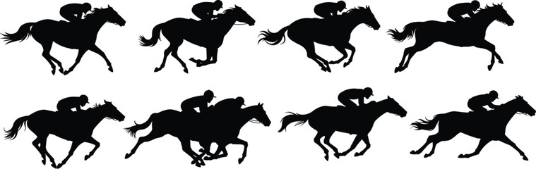 Horse racing silhouettes set, jockey riding galloping thoroughbreds, equestrian sport action collection, black vector illustration, isolated icons. © Sarjina's World