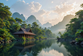 Eco house by lake with mountains and wind turbine best for sustainable living, green architecture, and nature harmony concepts