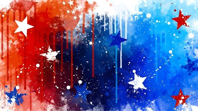 Vibrant abstract stars and stripes art with red, white, and blue colors and splatters