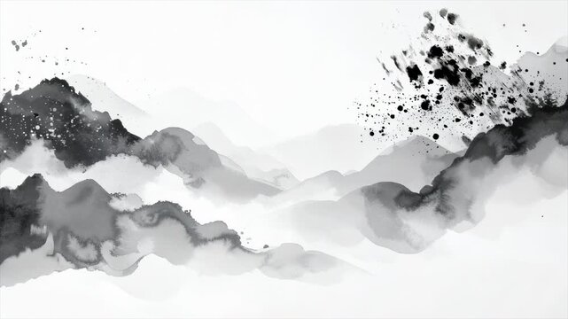 墨絵風の山並み 右斜め上へ移動