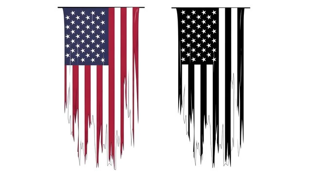 Torn and distressed american flags on white background