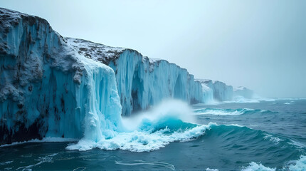 A breathtaking sunrise over the Perito Moreno Glacier in Patagonia, Argentina, with golden light reflecting off the massive ice walls, turquoise waters shimmering below, and snow-capped 