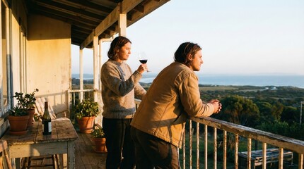 Couple Drinking Red Wine on Rustic Balcony at Sunset Coastal View