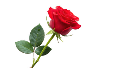 Obraz premium Single Red Rose with Green Leaves and Water Droplets isolated PNG with Transparent Background