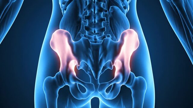 Medical illustration of human pelvis and hip bones in anatomical detail