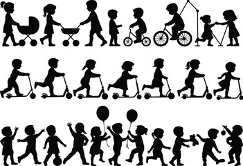 Obraz premium Kids silhouettes set, children playing walking riding scooters bicycles, baby stroller scene, happy childhood activity, black vector icons.
