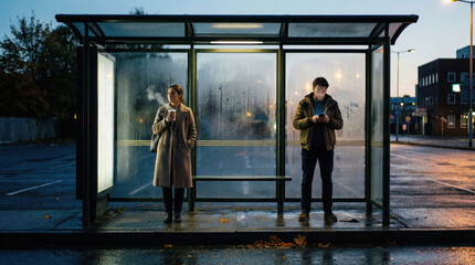 Obraz premium Man and Woman Waiting at Glass Bus Stop in Blue Hour