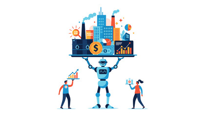 Advanced robot carrying diverse economic sectors like city infrastructure, oil, money, and data analytics on a large service tray.