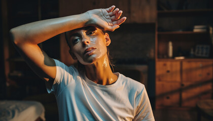Exhausted young woman wiping sweat from her forehead after an intense workout or physical activity, showing effort and determination in a dimly lit setting.