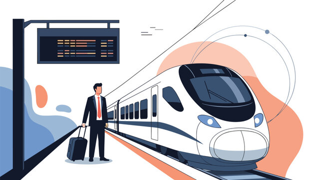 Professional businessman with suitcase standing on station platform waiting for high speed modern train for corporate business travel.