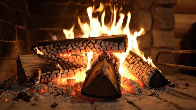 Cozy Fireplace with Burning Wood Logs.