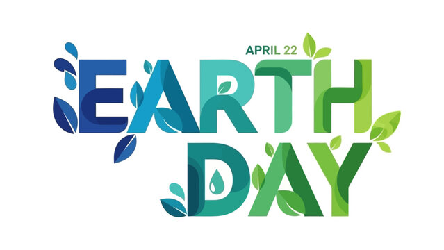 Earth Day graphic with the words "Earth Day" and "April 22" surrounded by leaves and water droplets.