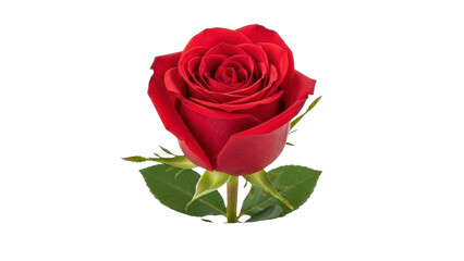 Fototapeta premium Single Red Rose Flower Bud with Green Leaves isolated PNG with Transparent Background