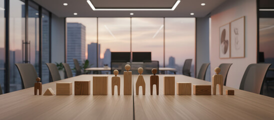 Wooden figure wooden block business team office sunset alignment leadership unity diversity growth