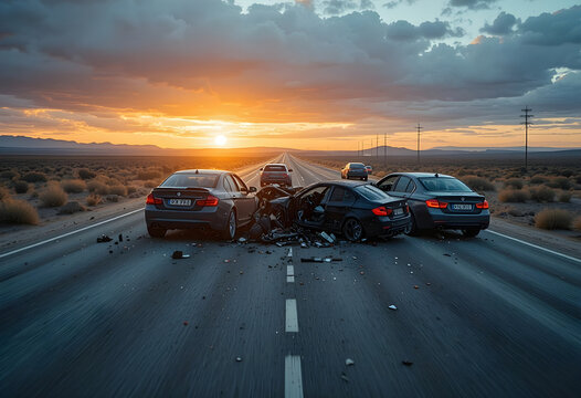 Multi vehicle car crash on desert highway at sunset best for traffic safety, insurance, and emergency awareness concepts