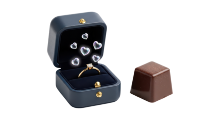 Diamond Engagement Ring in Blue Velvet Box with Chocolate Praline isolated PNG with Transparent Background