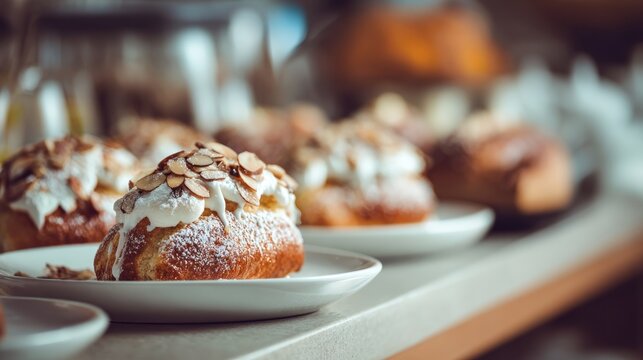 A row of Semla buns, Swedish cream-filled cardamom buns, topped with almonds