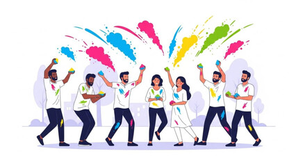 Diverse group of people celebrating holi festival with colorful powder and paint splashes with celebration and throwing and festive and fun and joy